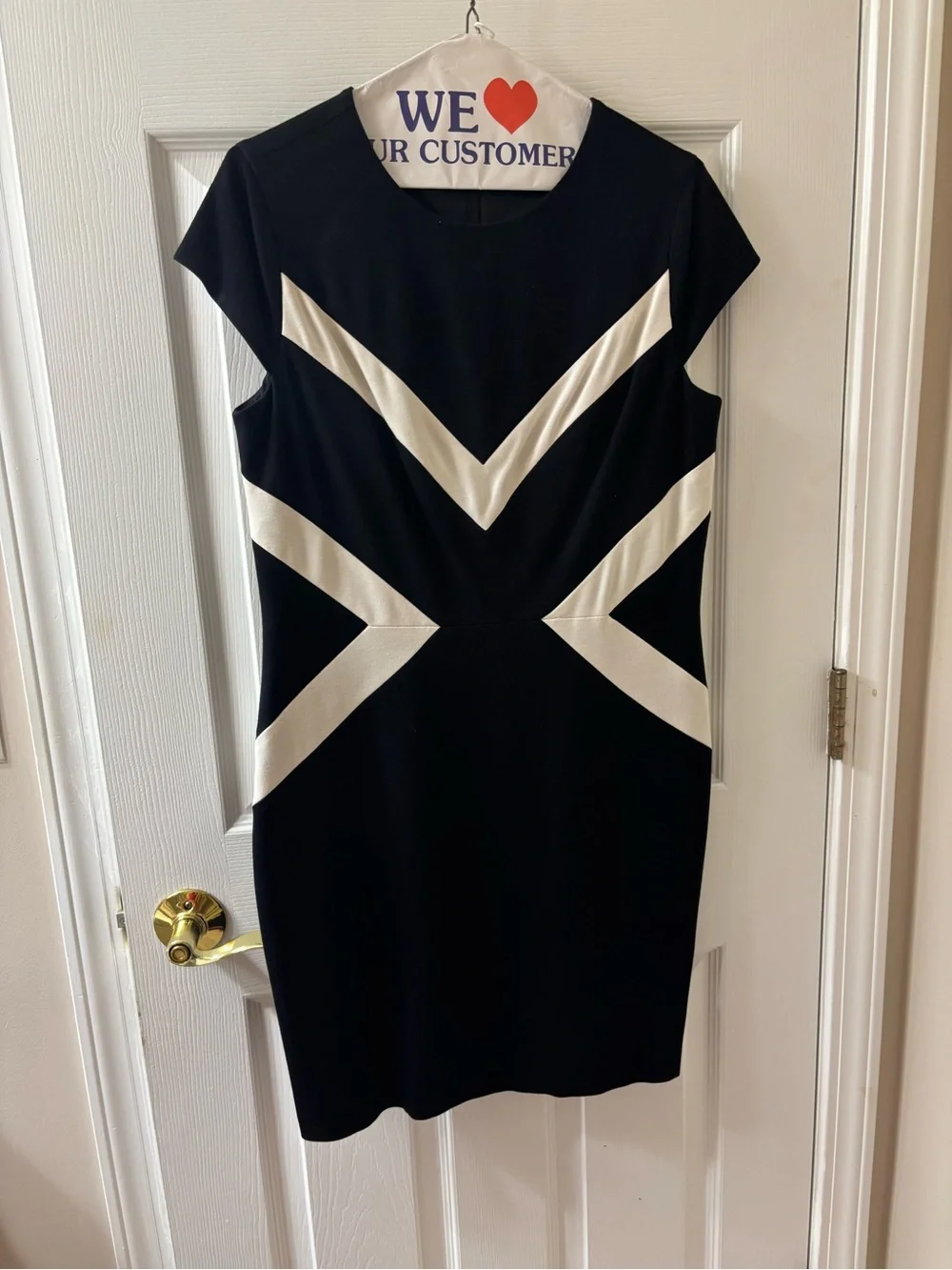 Cynthia Steffe Sleeveless Black Midi Dress with White Chevron Accents